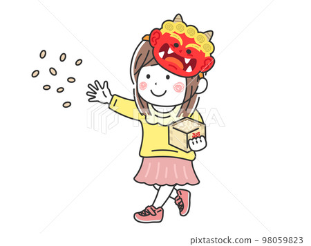 Illustration of a girl wearing a demon mask, throwing beans on Setsubun 98059823