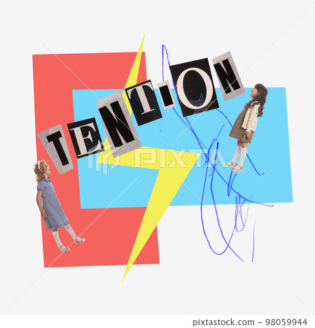 Creative conceptual art collage with little girls communicate each other over colorful background with lettering and doodles. Child psychology, society, friendship, emotions concept Creative conceptual art collage with little girls communicate each other over colorful background with lettering and doodles. Child psychology, society, friendship, emotions concept 98059944