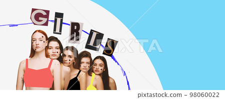 girl's party. Contemporary collage with group of stylish women over background with lettering. Concept of female rights, diversity, emotions, extraordinary fashion, modern style 98060022