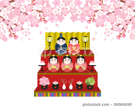 Illustration material: A set of cute three-tiered Hina dolls and cherry blossoms 98060090