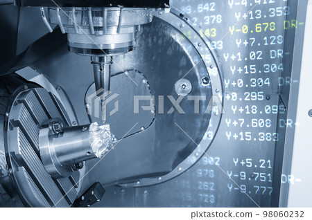 Abstract scene the 5-axis CNC milling machine  and G-code data background. 98060232