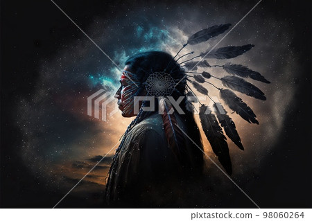 Low angle back view of American Indian man and dream catcher in night sky with nebula Low angle back view of American Indian man and dream catcher in night sky with nebula 98060264