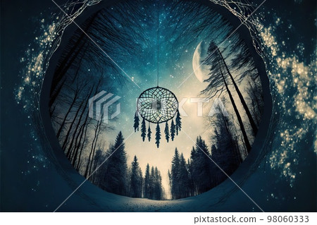 Dream catcher glowing in night sky above fairy tale winter forest Dream catcher glowing in night sky above fairy tale winter forest 98060333