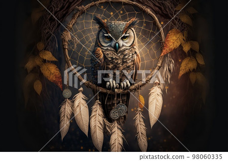 Closeup of hanging dream catcher and owl in mystical tree foliage Closeup of hanging dream catcher and owl in mystical tree foliage 98060335