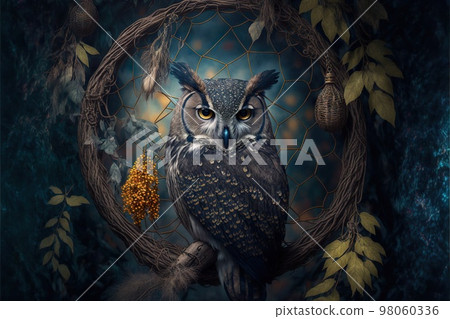 Closeup of hanging dream catcher and owl in mystical tree foliage Closeup of hanging dream catcher and owl in mystical tree foliage 98060336