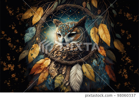 Closeup of hanging dream catcher and owl in mystical tree foliage Closeup of hanging dream catcher and owl in mystical tree foliage 98060337