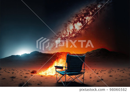 Back view of camp chair near campfire on Mars with nebula in night sky Back view of camp chair near campfire on Mars with nebula in night sky 98060382
