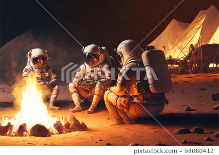 Astronauts in spacesuits sitting around campfire on Mars 98060412
