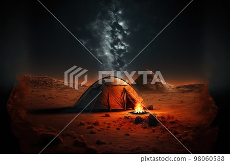 Tent and campfire on Mars in darkness under beautiful night sky Tent and campfire on Mars in darkness under beautiful night sky 98060588