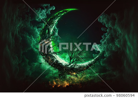 Mystical bonfire, green smoke and moon in night sky 98060594