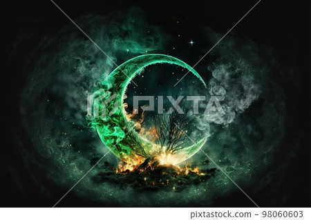 Mystical bonfire, green smoke and moon in night sky 98060603