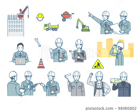 Construction industry, people working at construction sites, architecture, civil engineering, carpenters, site supervisors, illustrations 98060802