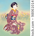 Taisho Roman A woman in a striped kimono sitting in front of a tulip field 98061014