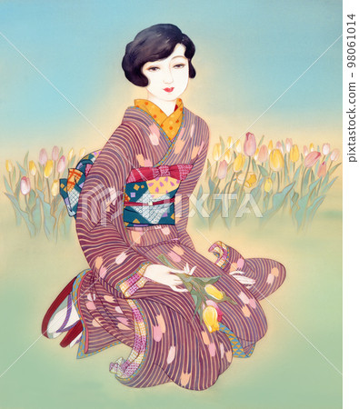 大正羅馬 身著條紋和服的女人坐在鬱金香花田前 大正羅馬 身著條紋和服的女人坐在鬱金香花田前 98061014
