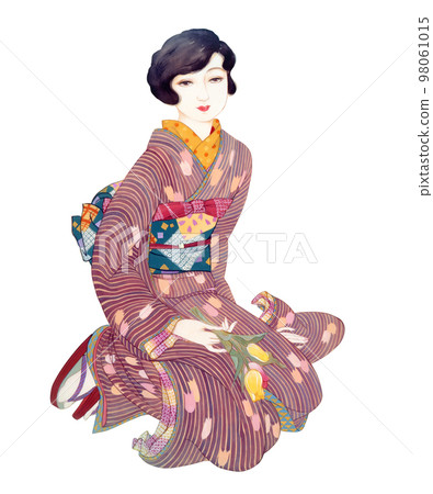 Taisho Roman 穿著條紋和服的女人，手捧一束鬱金香 98061015