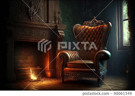 Old leather armchair and ancient fireplace in mysterious old room 98061349