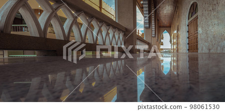 Diminishing perspective interior view of the corridor at balcony of the building beautiful mosque. 98061530