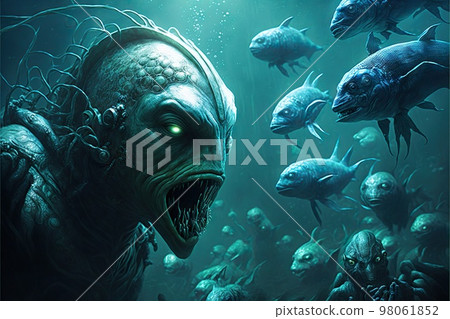 Alien fishes swimming underwater with alien humanoid 98061852