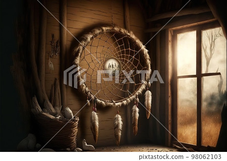 Dream catcher on wall inside fairy tale old wooden hut 98062103