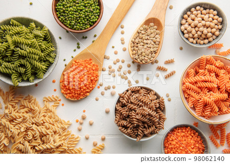 A variety of fusilli pasta from different types of legumes. Gluten-free pasta. 98062140