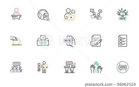Voting line icons. Public Election, Vote Box, Ballot Paper icons. Candidate, Politics voting and People vote. Government election, Raised hands, Document checklist. Online poll result. Vector 98062528