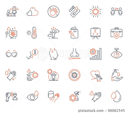 Medical icons set. Included icon as Coronavirus statistics, Coronavirus protection and Medical insurance web elements. Electronic thermometer, Eye drops, Wash hands icons. Washing hands. Vector Medical icons set. Included icon as Coronavirus statistics, Coronavirus protection and Medical insurance web elements. Electronic thermometer, Eye drops, Wash hands icons. Washing hands. Vector 98062545