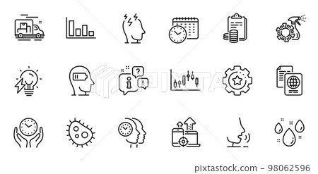 Outline set of Accounting, Bacteria and Passport document line icons for web application. Talk, information, delivery truck outline icon. Include Stress, Safe time, Coronavirus spray icons. Vector Outline set of Accounting, Bacteria and Passport document line icons for web application. Talk, information, delivery truck outline icon. Include Stress, Safe time, Coronavirus spray icons. Vector 98062596