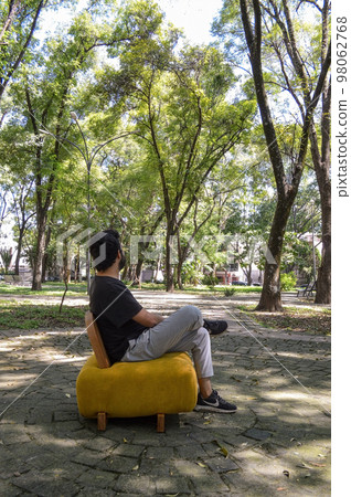 armchair, chair, individual sofa, solid natural wood structure, seat fabric, young man sitting in a designer armchair armchair, chair, individual sofa, solid natural wood structure, seat fabric, young man sitting in a designer armchair 98062768