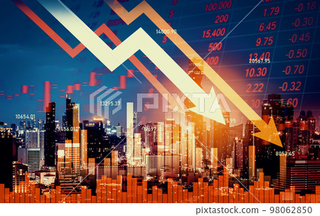 Declining graphs and digital indicators overlap modernistic city background. 98062850