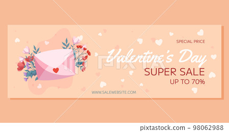 St. Valentines Day horizontal Super Sale banner template design. Pink closed envelop, red and pink flowers green leaves on beige backdrop. Special Price online shopping St. Valentines Day horizontal Super Sale banner template design. Pink closed envelop, red and pink flowers green leaves on beige backdrop. Special Price online shopping 98062988