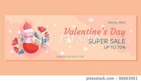 St. Valentines Day horizontal Super Sale banner template design. Love potion bottle concept illustration with red and pink flowers behind it. Special Price online shopping, decorative clouds, hearts 98063001
