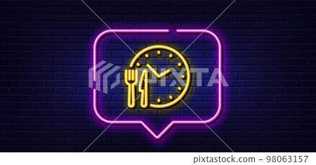 Neon light speech bubble. Food time line icon. Meal order clock sign. Restaurant opening hours symbol. Neon light background. Food time glow line. Brick wall banner. Vector 98063157