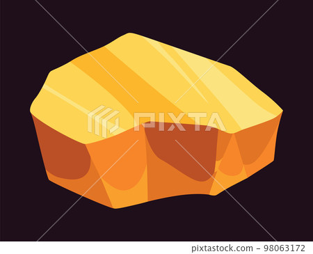 Gold mine nuggets. Precious ore mining object. Golden game UI stone kit, cartoon treasure amber rock isolated on black. Vector icon of polygon boulder, yellow metal 98063172
