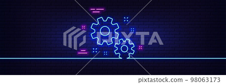 Neon light glow effect. Work line icon. Business management sign. Cogwheel or gear symbol. 3d line neon glow icon. Brick wall banner. Work outline. Vector Neon light glow effect. Work line icon. Business management sign. Cogwheel or gear symbol. 3d line neon glow icon. Brick wall banner. Work outline. Vector 98063173