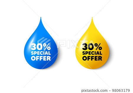 Paint drop 3d icons. 30 percent discount offer tag. Sale price promo sign. Special offer symbol. Yellow oil drop, watercolor blue blob. Discount promotion. Vector 98063179