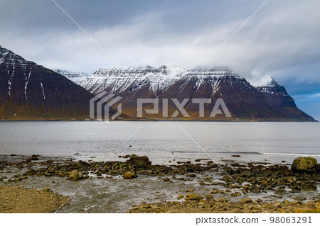 Autumn landscape by Isafjardardjup fjord, North Iceland 98063291