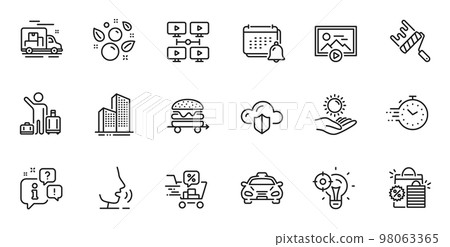 Outline set of Discounts cart, Clean bubbles and Skyscraper buildings line icons for web application. Talk, information, delivery truck outline icon. Vector 98063365