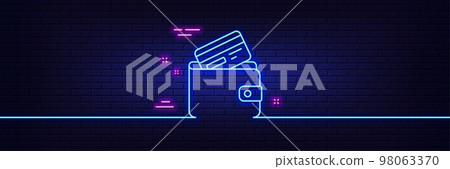 Neon light glow effect. Wallet with Credit card line icon. Cash money sign. Payment method symbol. 3d line neon glow icon. Brick wall banner. Debit card outline. Vector 98063370