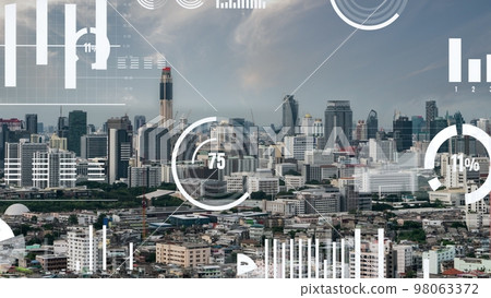 Business data analytic interface fly over smart city showing alteration future 98063372