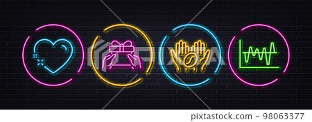 Heart, Give present and Coffee minimal line icons. Neon laser 3d lights. Stock analysis icons. For web, application, printing. Love, Receive a gift, Roasted bean. Business trade. Vector 98063377