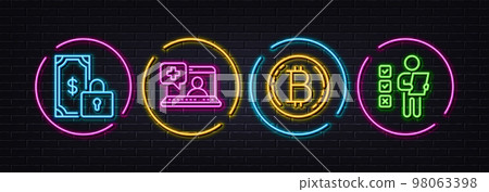 Private payment, Medical help and Bitcoin minimal line icons. Neon laser 3d lights. Voting ballot icons. For web, application, printing. Secure finance, Medicine laptop, Cryptocurrency coin. Vector 98063398