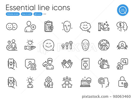 Washing hands, Health skin and Thumb down line icons. Collection of Wash hands, Add user, Hold heart icons. Writer, Face biometrics, Business targeting web elements. Outline washing hands icon. Vector 98063460