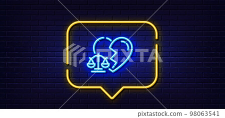 Neon light speech bubble. Divorce lawyer line icon. Justice scales sign. Marriage law symbol. Neon light background. Divorce lawyer glow line. Brick wall banner. Vector Neon light speech bubble. Divorce lawyer line icon. Justice scales sign. Marriage law symbol. Neon light background. Divorce lawyer glow line. Brick wall banner. Vector 98063541