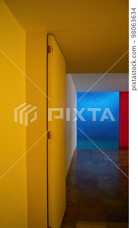 interior of the gilardi house of the famous architect luis barragan, pool reflecting the light, blue wall and red column, mexico interior of the gilardi house of the famous architect luis barragan, pool reflecting the light, blue wall and red column, mexico 98063634