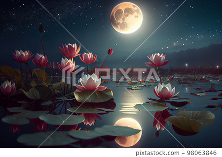 Night landscape with water lilies in a swamp against the background of the moon Night landscape with water lilies in a swamp against the background of the moon 98063846