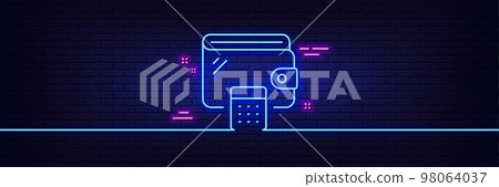 Neon light glow effect. Wallet line icon. Money purse with calculator sign. Cash budget symbol. 3d line neon glow icon. Brick wall banner. Wallet outline. Vector 98064037