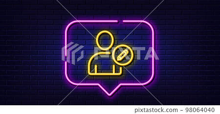 Neon light speech bubble. Edit User line icon. Profile Avatar with pencil sign. Person silhouette symbol. Neon light background. Edit user glow line. Brick wall banner. Vector 98064040