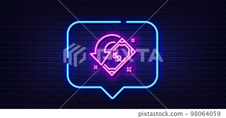 Neon light speech bubble. Cashback line icon. Send or receive money sign. Neon light background. Cashback glow line. Brick wall banner. Vector Neon light speech bubble. Cashback line icon. Send or receive money sign. Neon light background. Cashback glow line. Brick wall banner. Vector 98064059