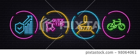 Paint roller, Quick tips and Security statistics minimal line icons. Neon laser 3d lights. Bicycle icons. For web, application, printing. Painter brush, Helpful tricks, Cyber protection. Bike. Vector 98064061