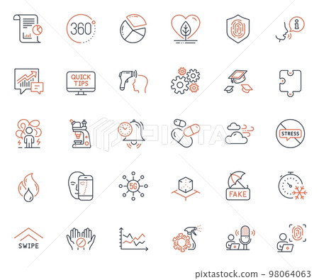 Science icons set. Included icon as Microscope, Fake news and Puzzle web elements. 5g technology, Time management, Throw hats icons. Freezing timer, Swipe up, Fingerprint web signs. Vector 98064063
